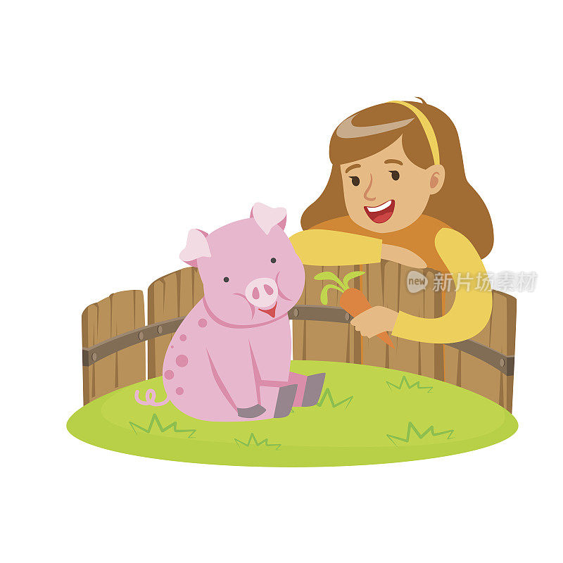 快乐的小女孩在迷你动物园里用胡萝卜喂粉红猪。彩色卡通人物矢量插图