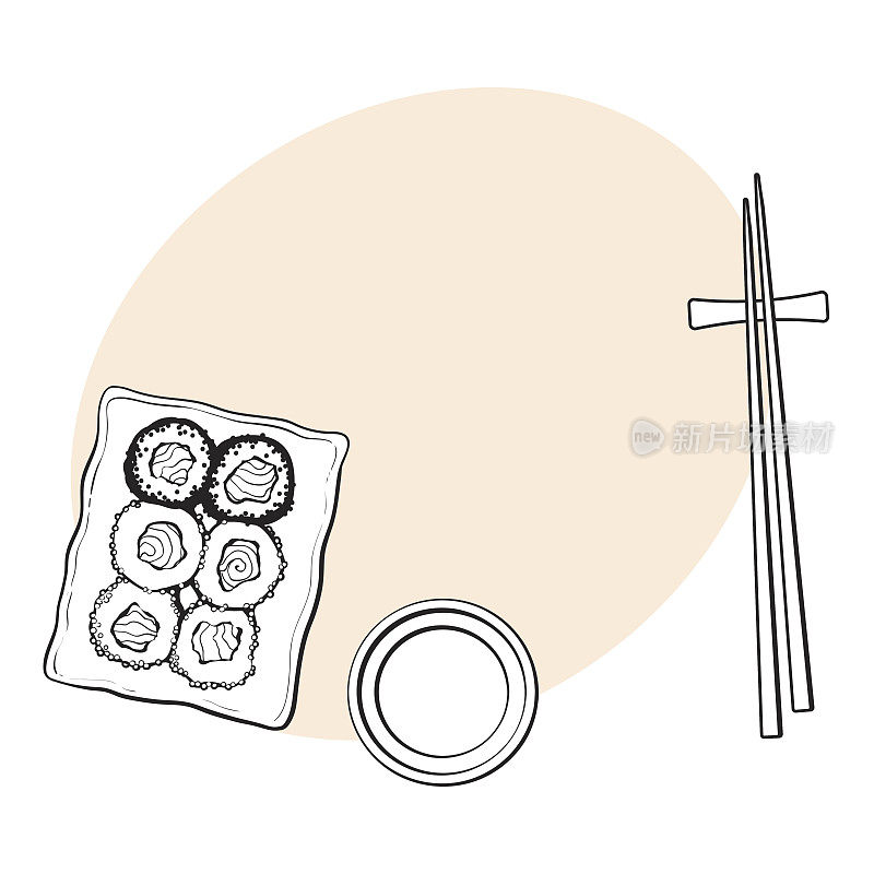 一盘日本寿司，卷，筷子和酱油碗