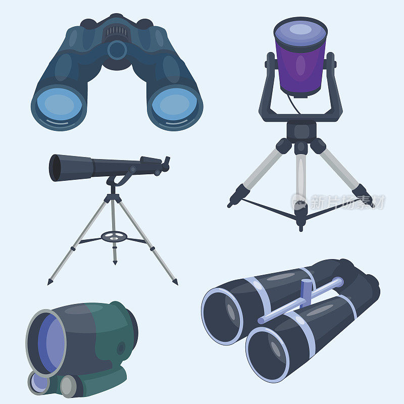 专业相机镜头双筒望远镜镜片看视望远镜光学装置相机数码聚焦光学设备矢量插图