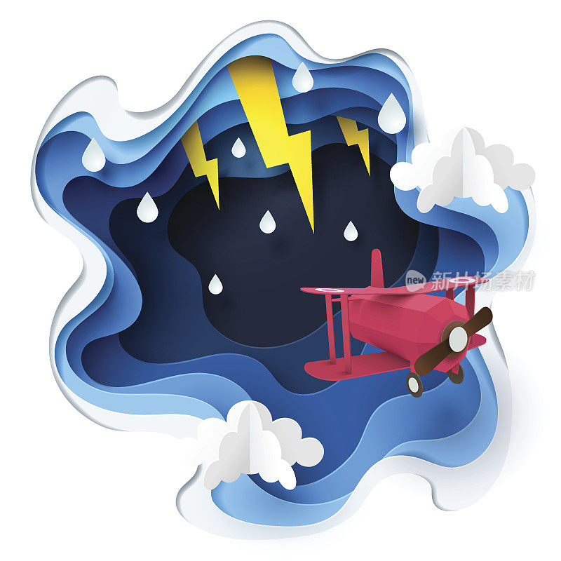 抽象飞机在暴风雨中撞击疯狂的天空和雷电，纸艺术风暴的概念