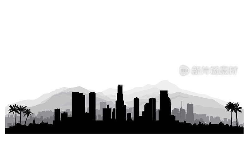 美国洛杉矶天际线。城市剪影摩天大楼，山脉和棕榈树。美国著名城市