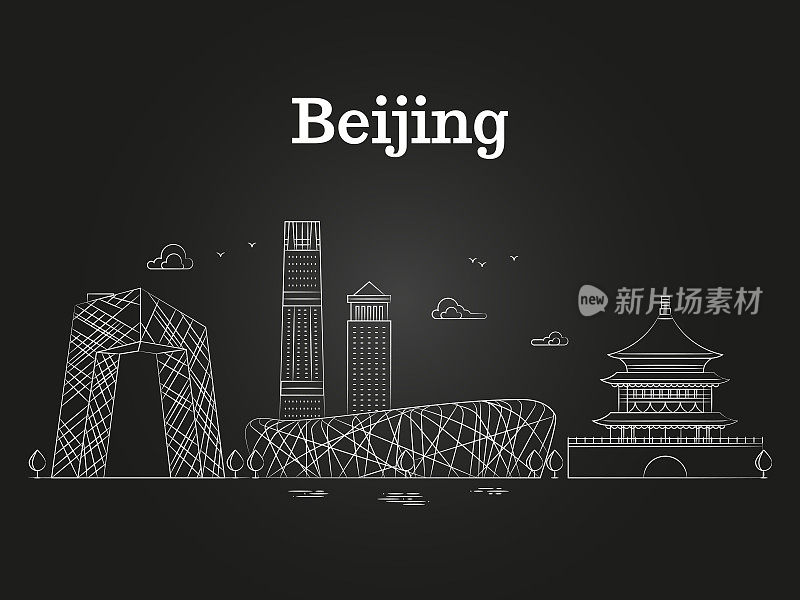 中国北京线性全景天际线矢量插图-亚洲城市景观