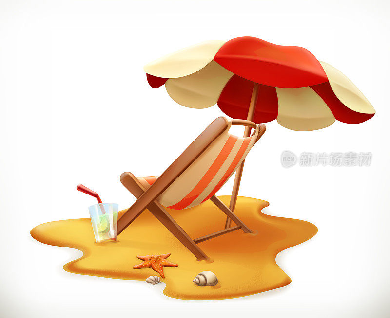 沙滩伞和躺椅，3d矢量图标