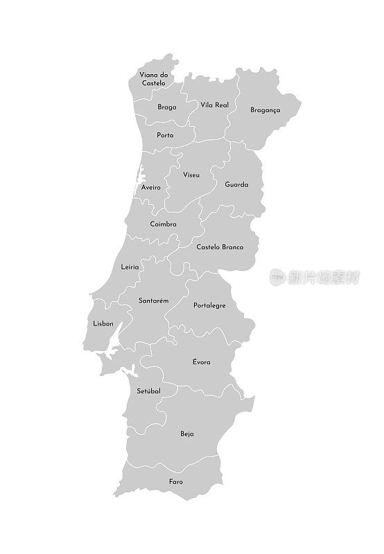 葡萄牙简化行政地图矢量孤立插图。省(区)的边界和名称。灰色的剪影。白色的轮廓