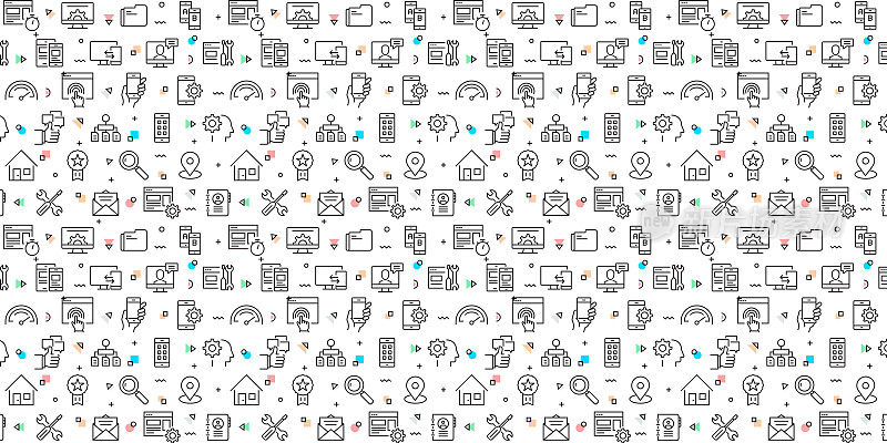 向量的设计模板和元素为用户体验在流行的线性风格-无缝模式与线性图标相关的用户体验-向量