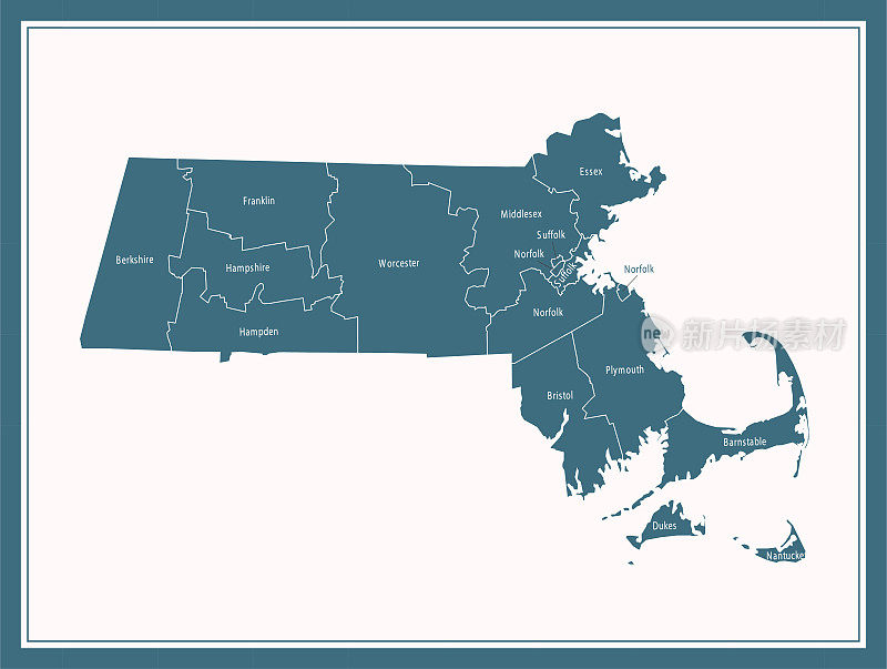 马萨诸塞州各县地图可打印