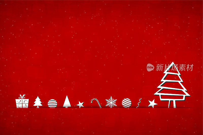 一个有创意的亮红色圣诞背景的水平矢量插图，中间有一条裂缝或切口，白色的圣诞树和装饰品安排在上面，有很多空间用于复制文本