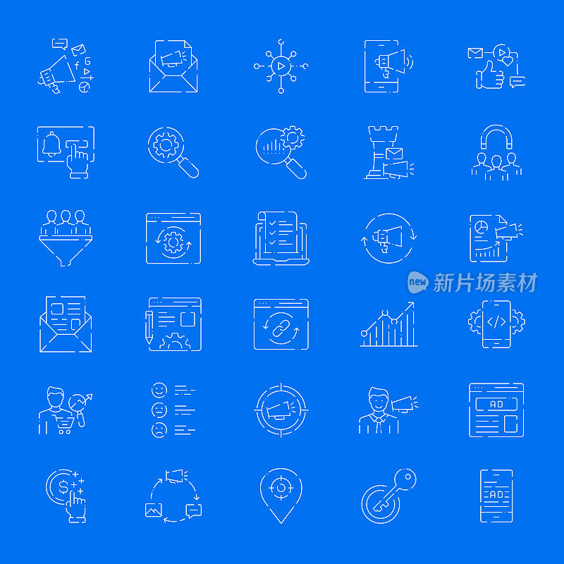 数字营销相关矢量细线图标的简单设置。大纲符号集合