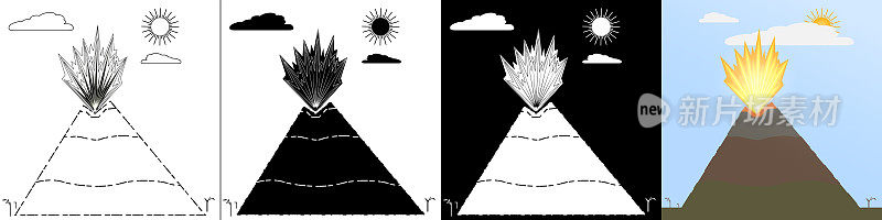 设置径流图喷发。火山喷发从火山口喷出的带火的岩浆线条风格，轮廓，平面风格。