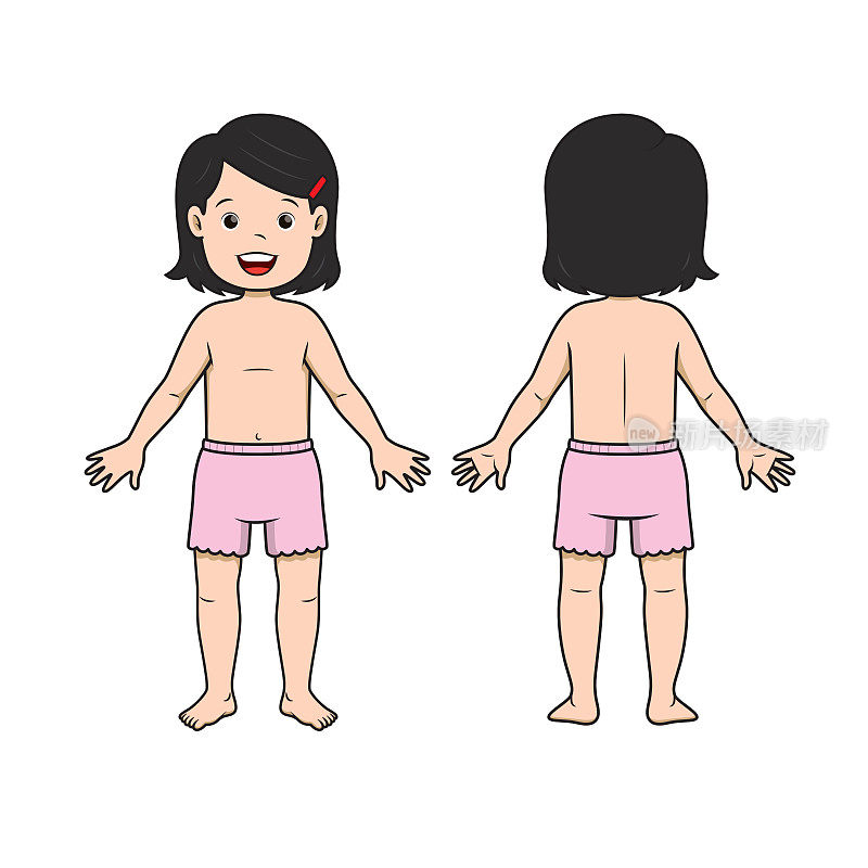 展示女孩身体的插图站着没有衬衫穿着粉红色的裤子在一个白色的背景或创建教学材料的母亲谁做家庭学校和教师谁找到图片的教学材料。