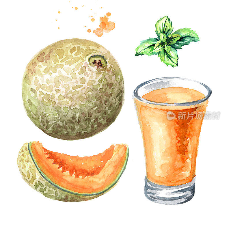 一杯甜瓜汁，配上切好的香瓜和薄荷叶。水彩手绘插图，孤立的白色背景