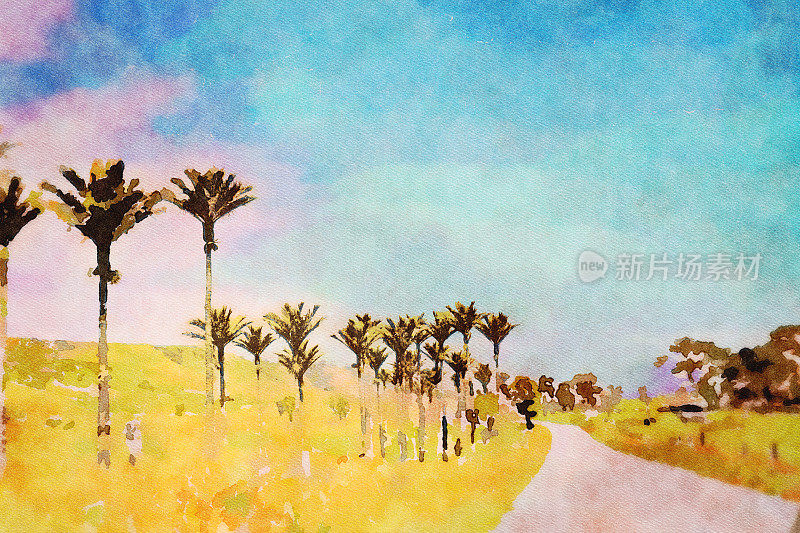 在日落风景棕榈树的水彩插图