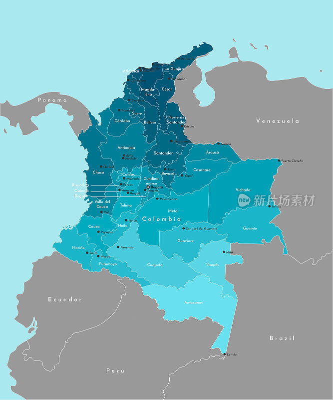矢量插图。简化的哥伦比亚行政地图及与邻国的边界。太平洋和加勒比海的蓝色背景。大城市和部门(地区)名称。