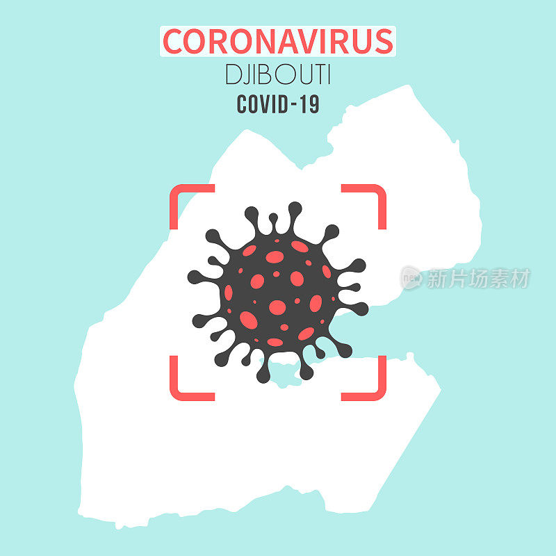 吉布提地图，红色取景器中有冠状病毒细胞(COVID-19)