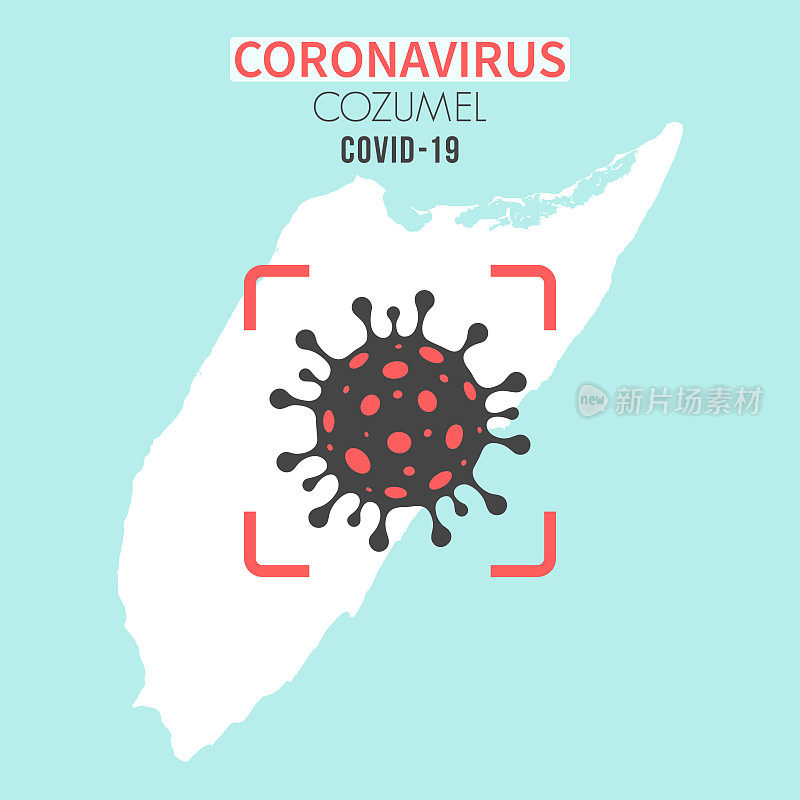 Cozumel地图，红色取景器显示冠状病毒(COVID-19)细胞