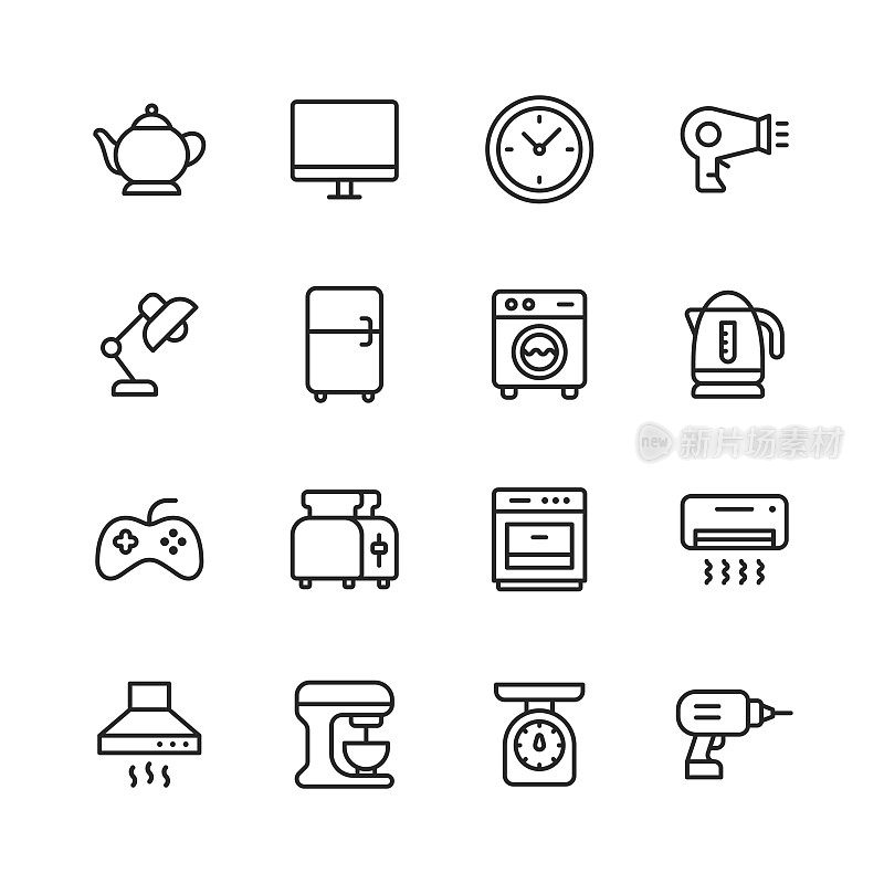 电器线路图标。可编辑的中风。像素完美。移动和网络。包含如锅,时钟,电吹风,冰箱,洗衣机,游戏Pad,烤面包机,空调,工作工具等图标。