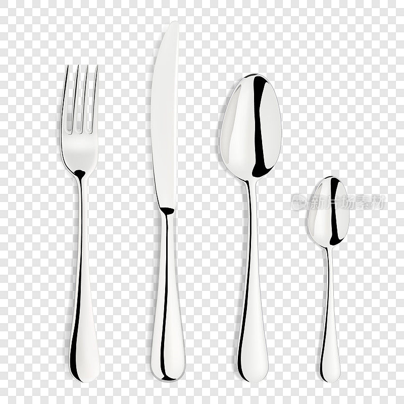 矢量3d现实金属，银，不锈钢，钢叉，勺子，刀图标设置隔离在透明的背景。甜点餐具设计模板