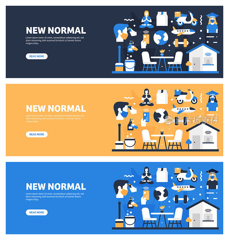 新常态相关的平面风格旗帜设计与图标，矢量插图。Covid-19冠状病毒的概念