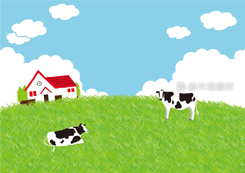 奶牛牧场和牧场小屋景观插图