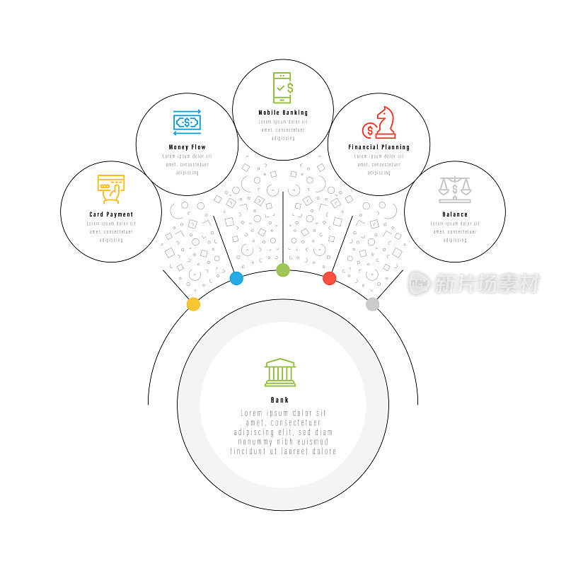 信息图表设计模板。贷款，手机银行，货币转换器，银行，信用卡，信用卡投资图标与6个选项或步骤
