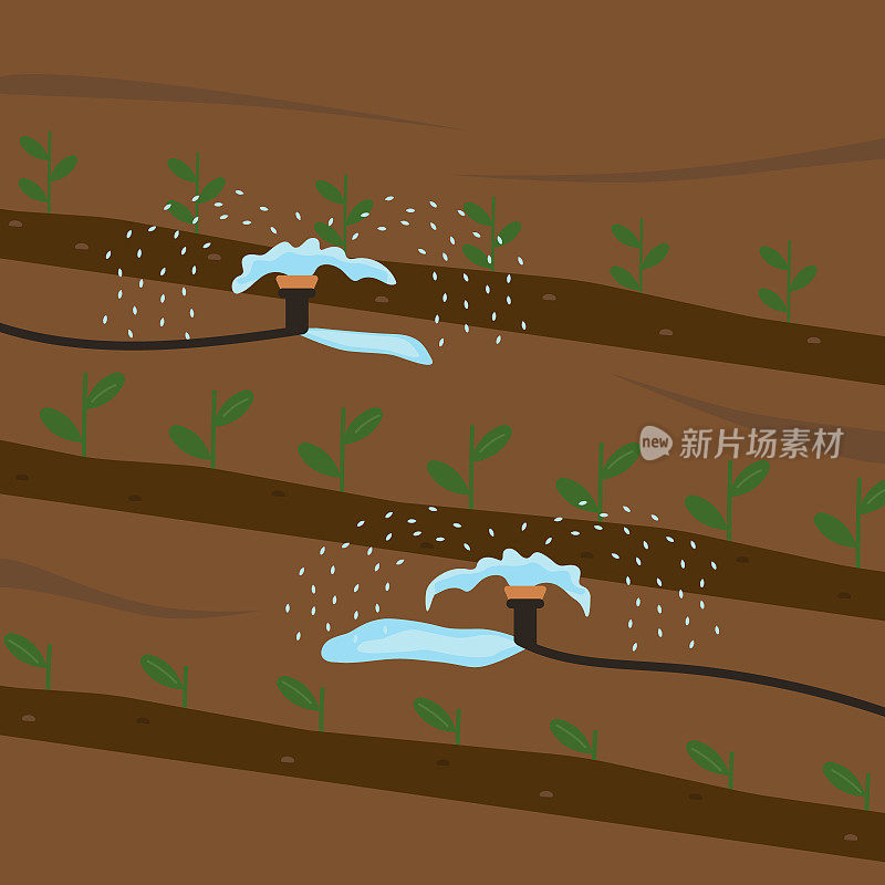 植物自动浇水。苗木复垦设备。在农业中开展实地工作的概念。灌溉土壤。矢量插图。平的风格。