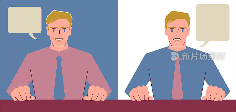 年轻英俊的白种人商人(经理、董事长、播音员)正坐在桌边谈天，面带微笑，表情严肃;商务会议、会议或面试