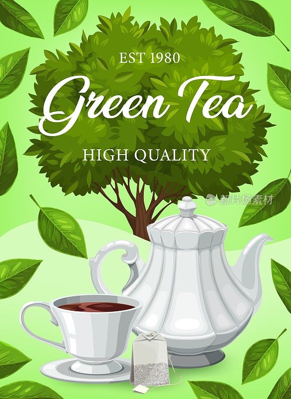 绿茶，饮茶杯，茶包和茶壶