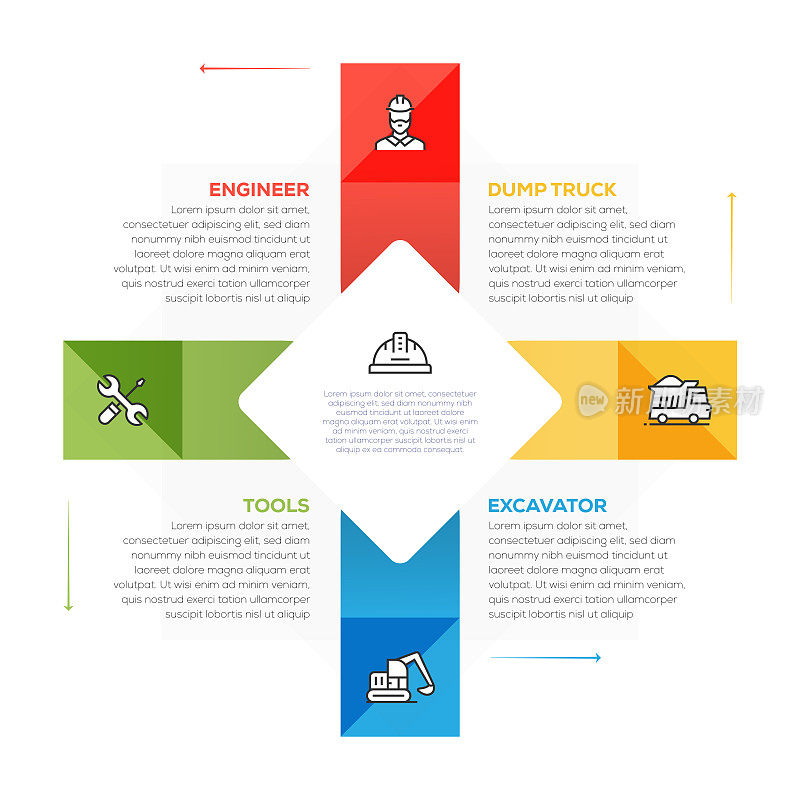 信息图设计模板。工程师，自卸卡车，挖掘机，工具，头盔图标与5个选项或步骤。