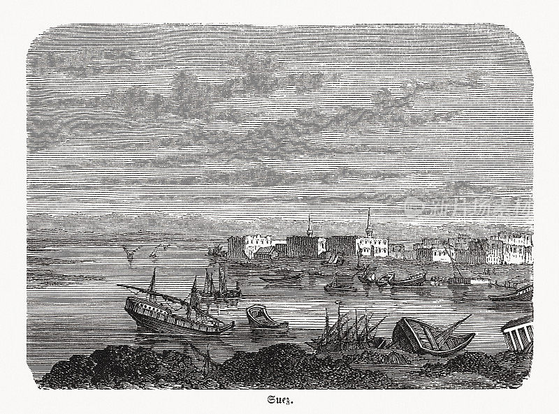 苏伊士(埃及)的历史观，木版画，1869年出版
