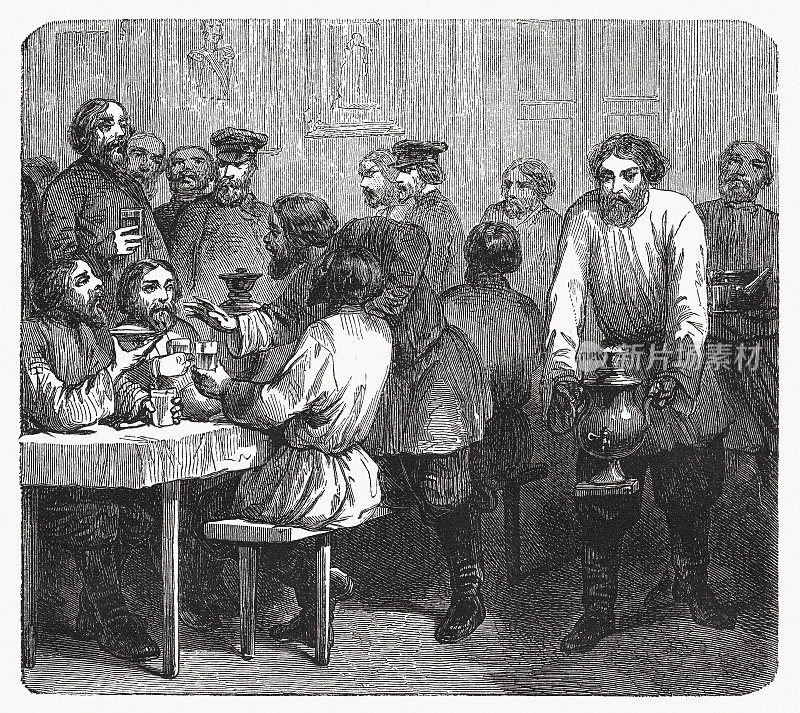 俄国茶馆过去，木刻，1869年出版