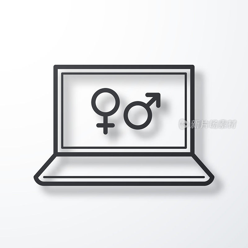带有性别符号的笔记本电脑。线图标与阴影在白色背景