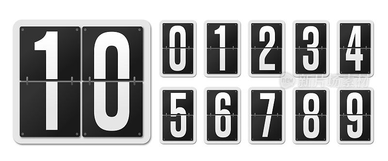 一组数字翻转计数器或倒计时时钟显示在白色背景上