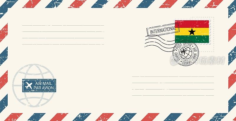 空白航空邮件grunge信封与加纳邮票。老式明信片矢量插图与加纳国旗隔离在白色背景上。复古的风格。