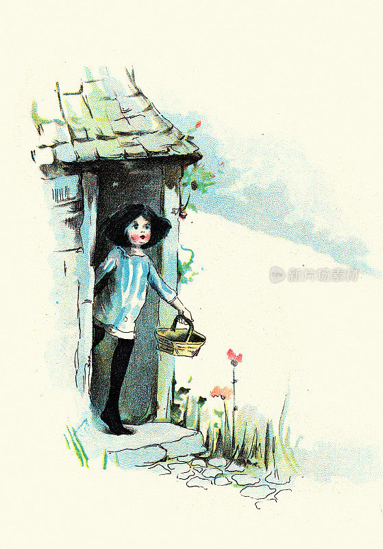 小女孩提着篮子外出采摘蔬菜，《素食者的复仇》，儿童插图，弗洛伦斯・K・厄普顿，19世纪90年代