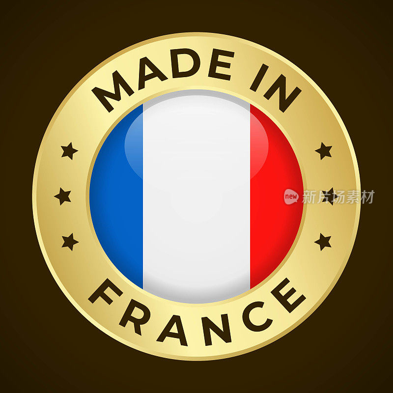 法国制造-矢量图形。圆形金色标签徽章，标志为法国国旗，文字为法国制造。暗背景隔离
