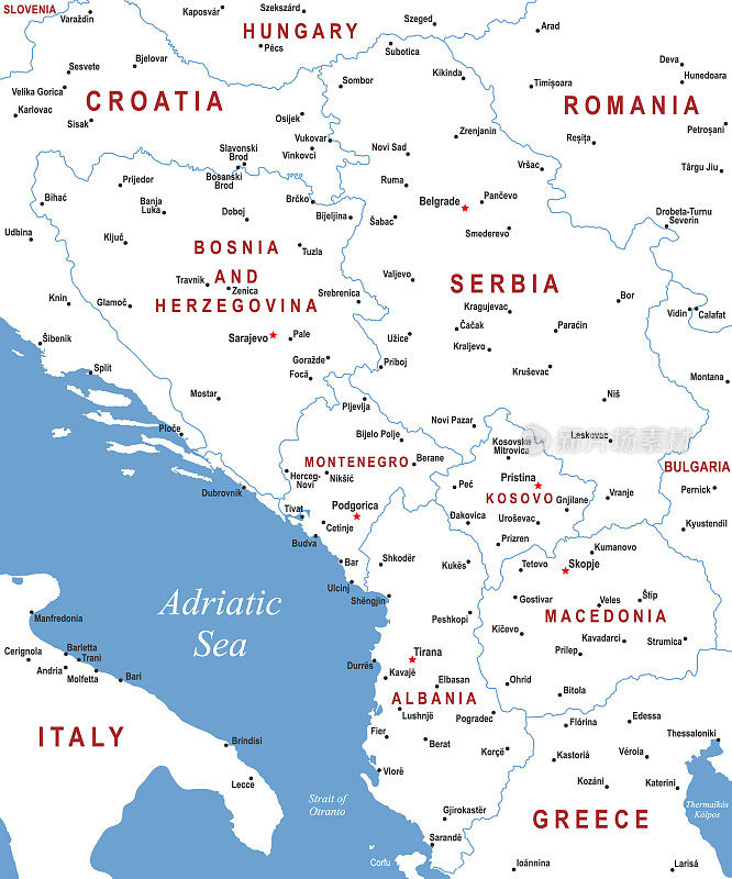 巴尔干地区地图。巴尔干矢量彩色地图