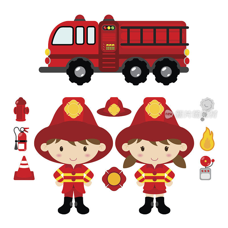 卡通男孩和女孩用消防车救火