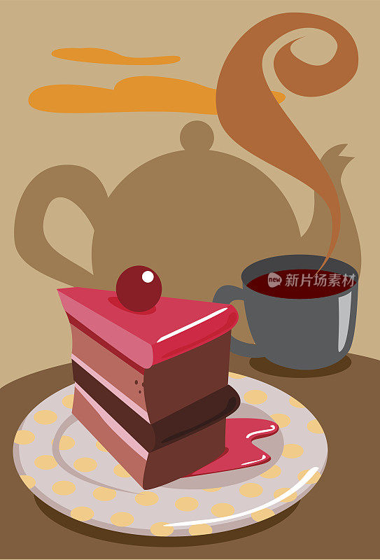 桌子上有一块红蛋糕和一杯咖啡