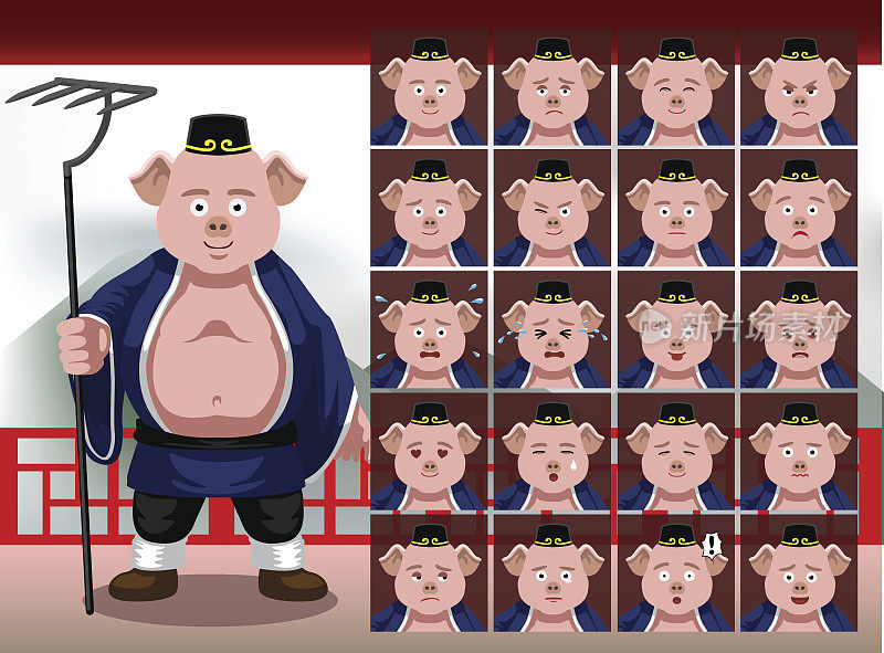 中国猪八戒卡通情感面对矢量插画