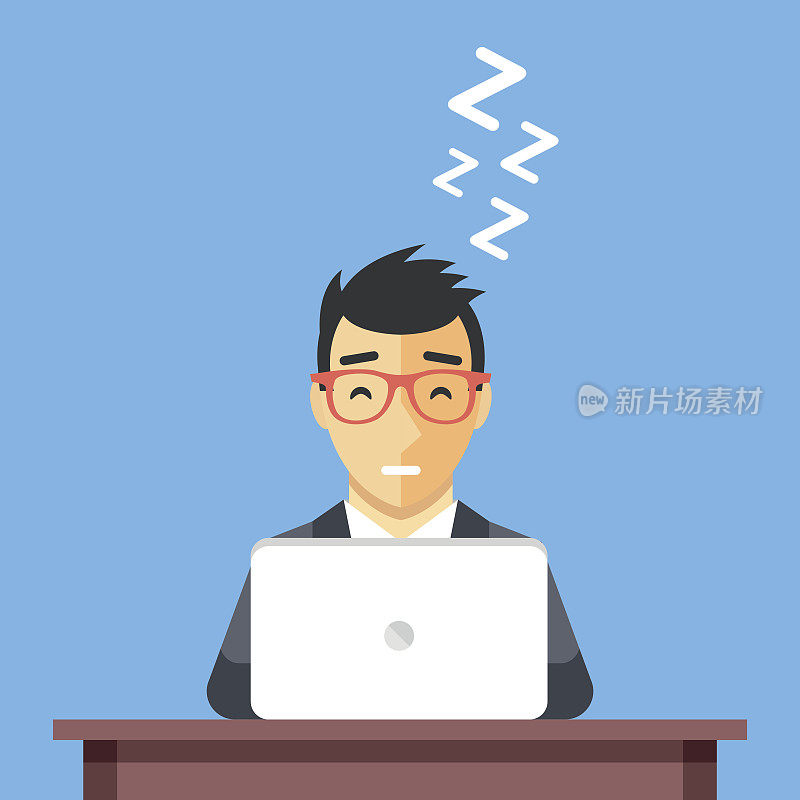 商人在工作中睡觉。一个男人在桌子上睡着了。平的插图