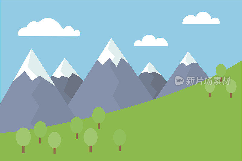 卡通彩色矢量平面插图的山景观与雪覆盖的山峰与树木和草地下的蓝天与云