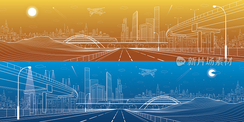 基础设施全景。汽车立交桥，城市天际线，城市，交通