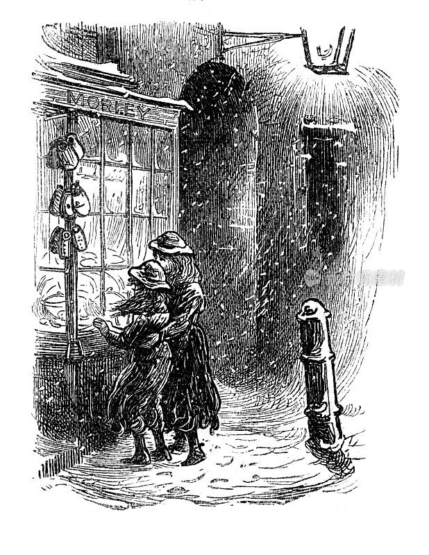 孩子们在看1880年雪夜的商店橱窗里的日记