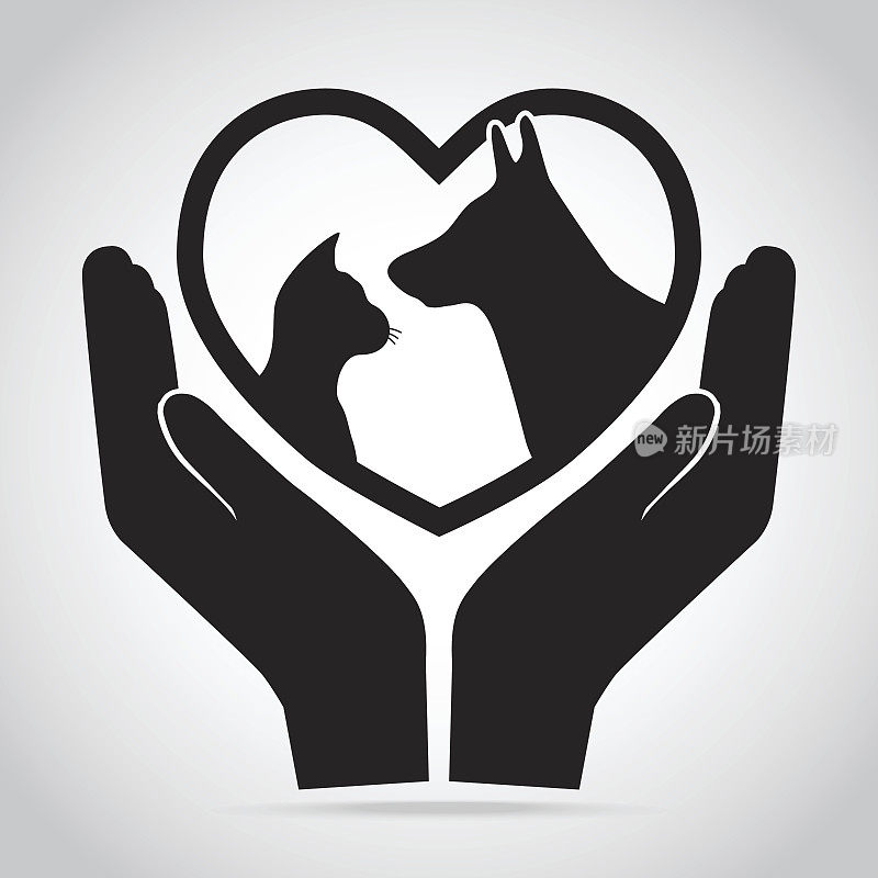 狗和猫与心在手上的图标。保护、关爱、帮助理念