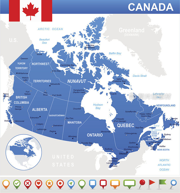 加拿大地图，旗帜和导航图标-插图