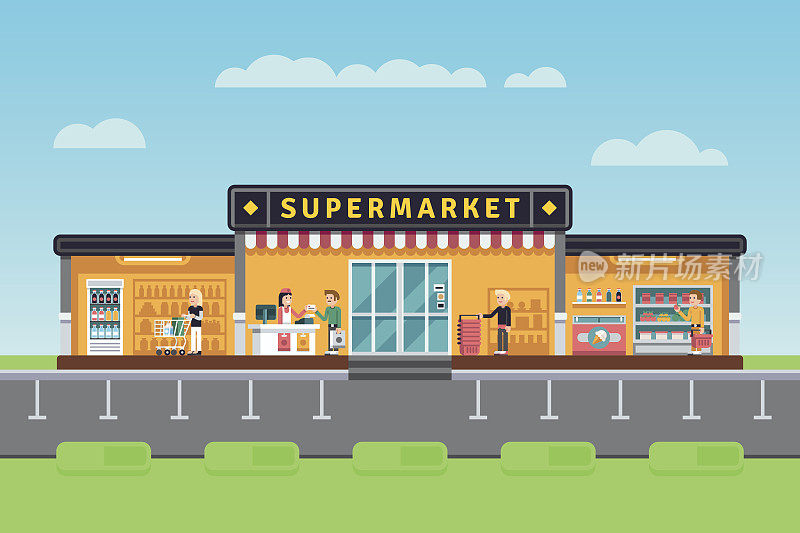 超市，商场，大型超市大楼与购物人员和卖家助理矢量插图