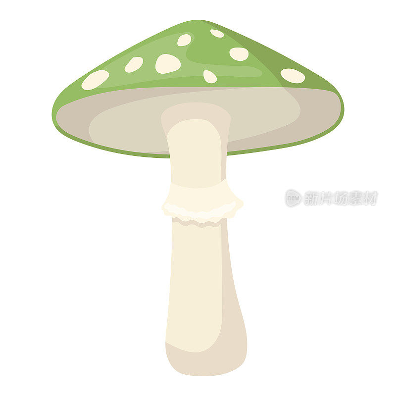 绿色鹅膏图标在卡通风格孤立的白色背景。蘑菇符号股票矢量插图。