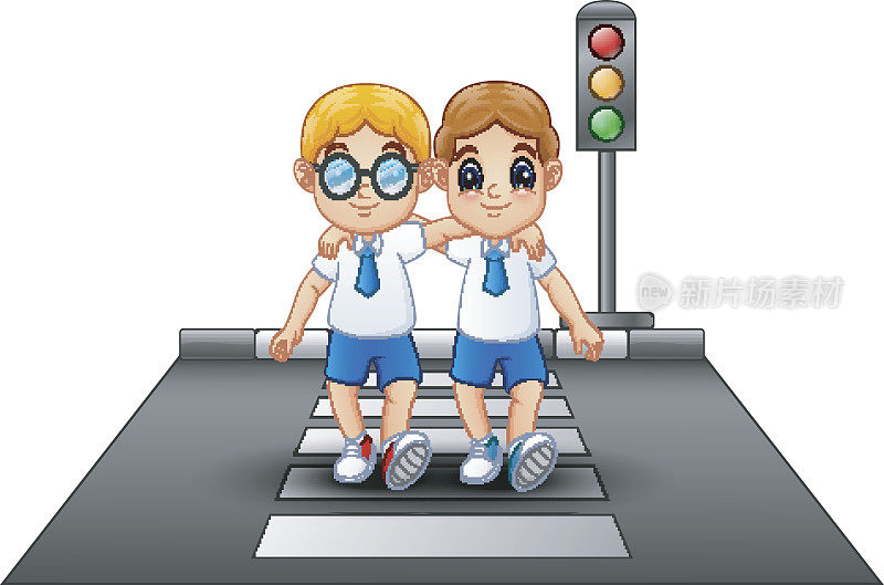 卡通学童穿着校服过马路