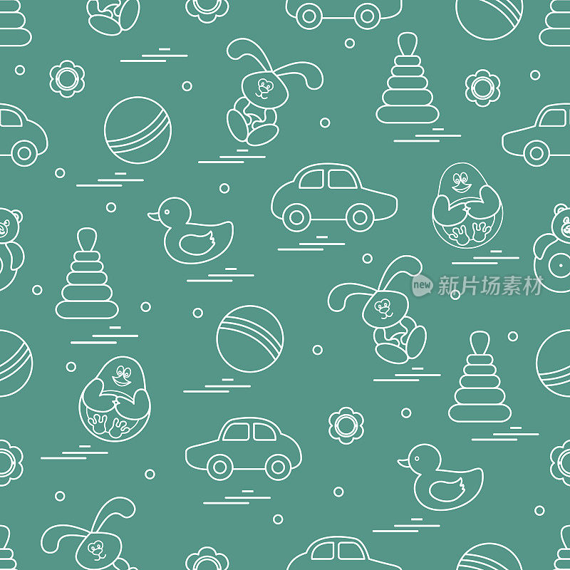 矢量图案的不同玩具:汽车，金字塔，圆圆，球，野兔，拨浪鼓，鸭子，企鹅。