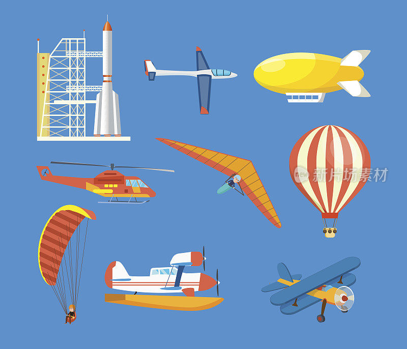 运载工具:导弹、悬挂式滑翔机、直升机、飞艇、气球、滑翔伞、双翼飞机、滑翔机、飞机